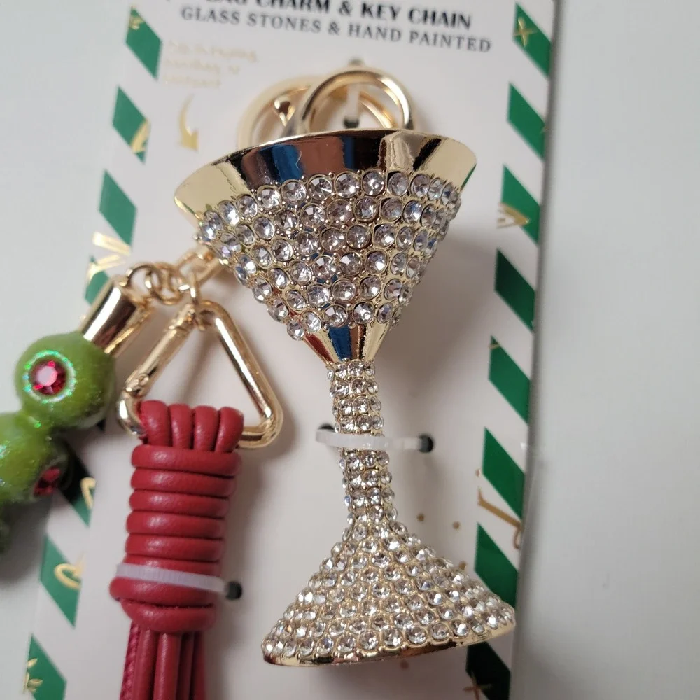 Piper K Martini Glass Bag Charm Key Chain Rhinestone Tassel Olive Gold Tone NWT